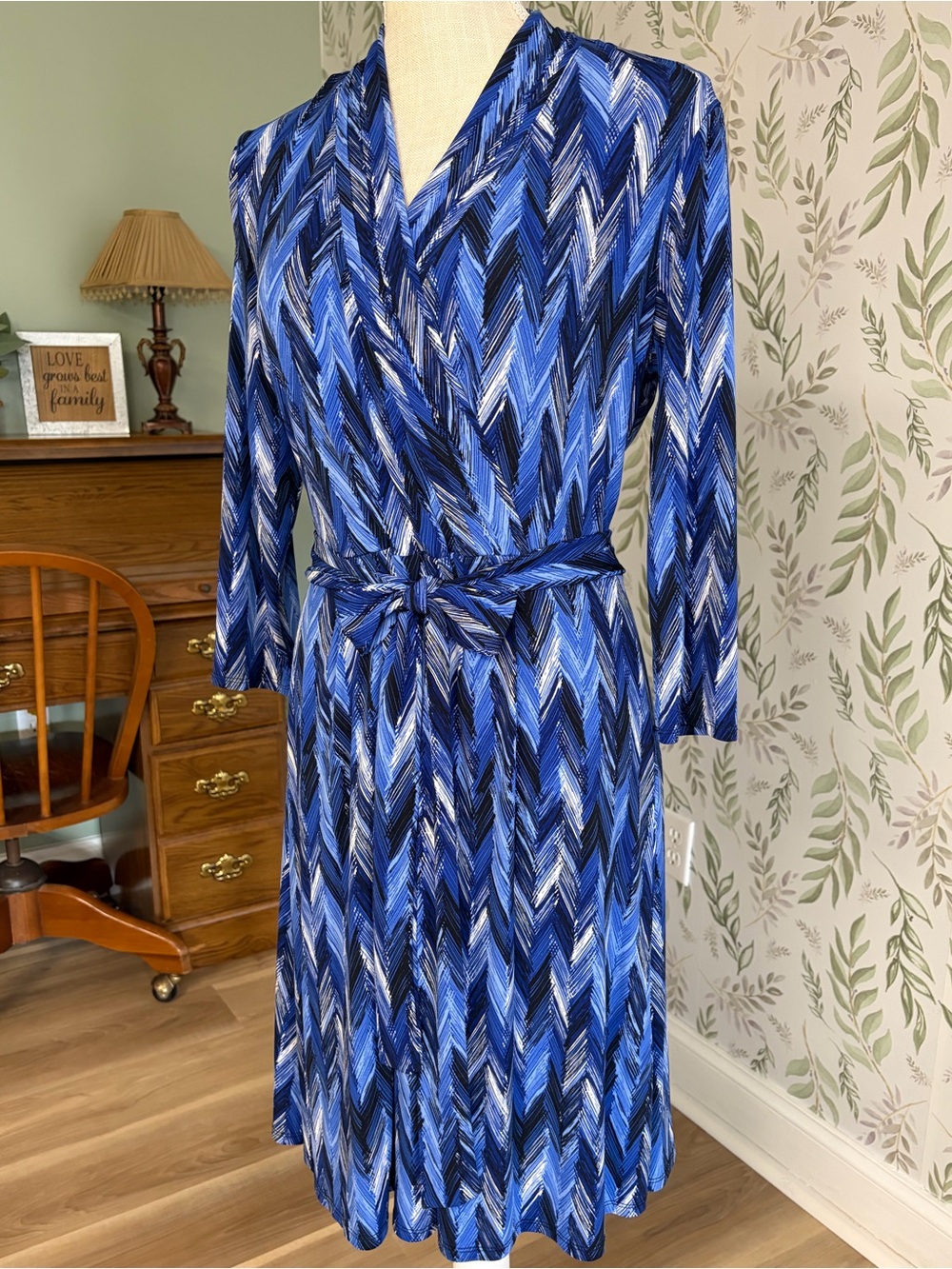 Liz Claiborne Blue Multi-Pattern Faux Wrap Dress